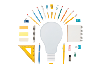 Colorful stationery items radiating around white lightbulb including pencils, clips, and notebooks, isolated on a transparent background