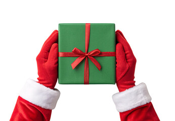 Santa's gloved hands presenting green gift box wrapped with festive red ribbon, isolated on a transparent background