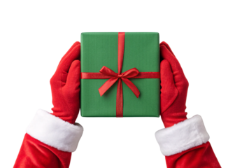 Santa's gloved hands presenting green gift box wrapped with festive red ribbon, isolated on a transparent background