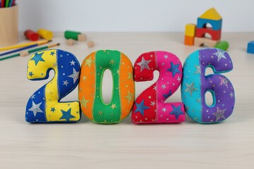 A colorful fabric number featuring star patterns, suitable for decorative or educational purposes..2026.