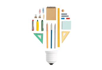 Colorful stationery items arranged as creative lightbulb concept, isolated on a transparent background