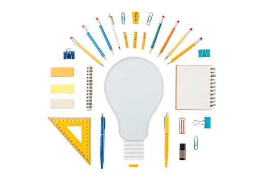 Colorful stationery items radiating around white lightbulb including pencils, clips, and notebooks, isolated on a transparent background