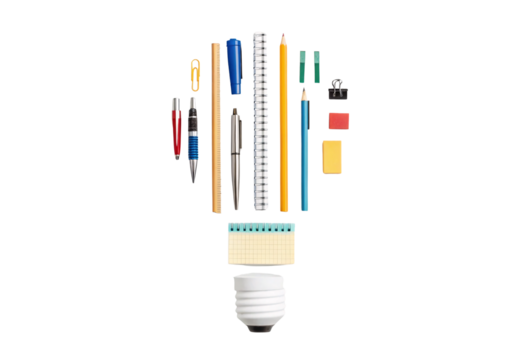 Office supplies arranged forming lightbulb shape, isolated on a transparent background