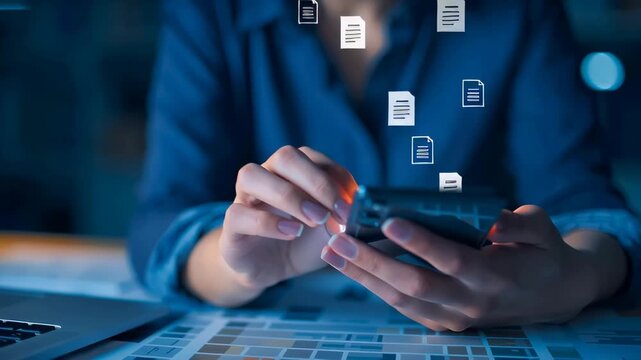 Person working with digital screen with data information and e-document.Multitasking and smart performance