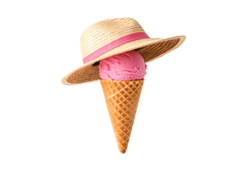 Straw sun hat with pink ribbon on ice cream cone, isolated on a transparent background