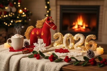 Warm and cozy New Year 2026 composition with a red knitted fire horse, yarn numbers, and soft winter decor. Symbolic handmade holiday still life for seasonal design and greeting cards.