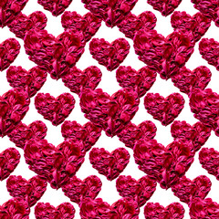 Romantic seamless pattern with big and small hearts made of red peony petals. The hearts are evenly arranged on a clean white background. Great for prints, packaging, weddings and Valentine s Day.