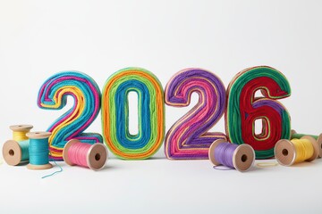 Colorful yarn balls arranged to form the number 2026