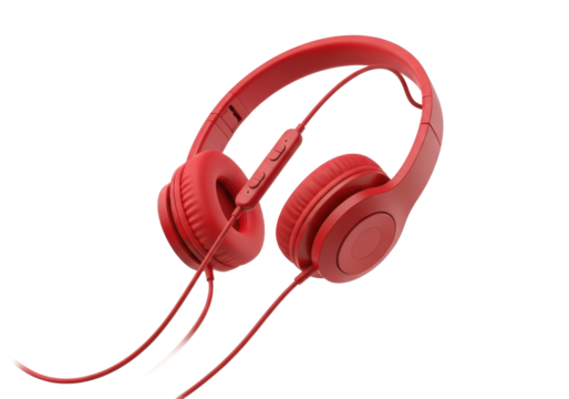 Vibrant red wired over-ear headphones with sleek earcups and inline remote control, angled against a transparent background with copy space, high-key studio lighting. Concept for modern electronics
