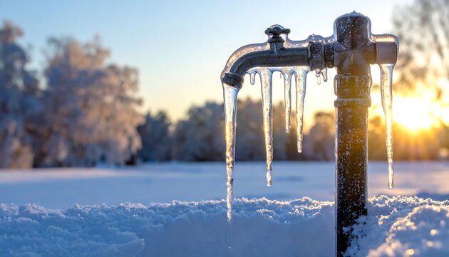 氷柱が垂れ下がる凍結した蛇口の水道管が夕日に照らされる光景