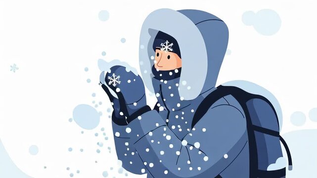 Winter Scene: Person in Parka Interacting With Snowflakes in Cold Snowy Field