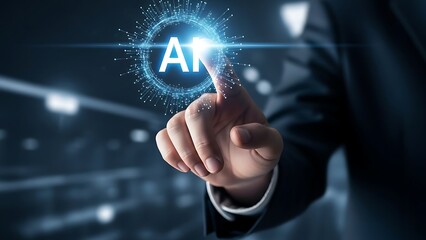 Artificial Intelligence and Future Technology Concept with Human Interaction Depicted by Businessman Touching Virtual AI Interface Representing Innovation and Automation in Modern Business
