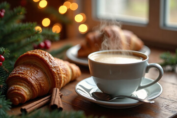 Festive Christmas Breakfast with Hot Drink and Pastries