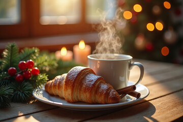 Cozy Winter Morning: Steaming Coffee and Croissants by the Window