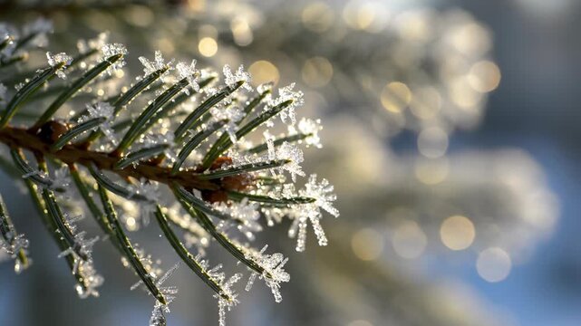 Close-up of a frozen pine branch with sparkling ice crystals.