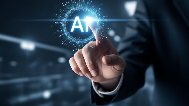 Artificial Intelligence and Future Technology Concept with Human Interaction Depicted by Businessman Touching Virtual AI Interface Representing Innovation and Automation in Modern Business - Powered by Adobe