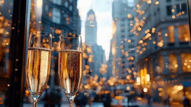 Fototapeta Two champagne glasses filled with bubbly are seen in front of a window overlooking a city at night. Bokeh lights create a festive atmosphere.