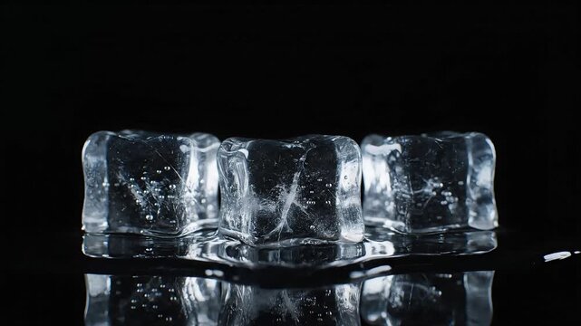 A row of clear, melting ice cubes with air bubbles on a reflective black surface.