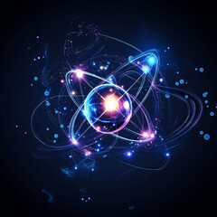 Atom with rotating electrons, energy and matter concept background