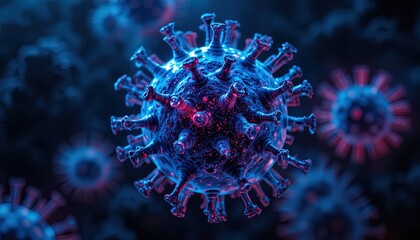 Detailed coronavirus cell structure with glowing red spikes for medical research visuals or educational content, a modern and vibrant scientific illustration