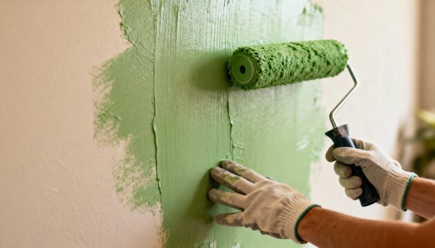 Closeup medium shot focusing on hands using lowVOC paint for indoor walls showcasing healthier living environments with green choices.