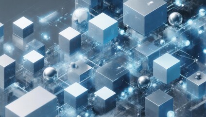 Digital abstract showing interconnected cubes and spheres with glowing light trails