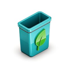 Eco-Friendly Blue Trash Can with Green Leaf Symbol.