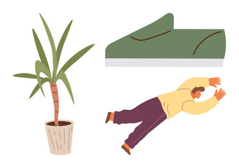 Person mid-fall, green shoe, and potted plant suggest humor, surrealism, or misstep. Ideal for safety, clumsiness, balance accident hilarity human action abstract concepts. A simple flat metaphor