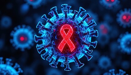World AIDS Day awareness concept with red ribbon on virus cell, raising awareness to stop HIV and support people living with AIDS, healthcare promotion