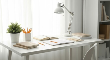 Cozy modern home study desk with natural sunlight and ceramic pot