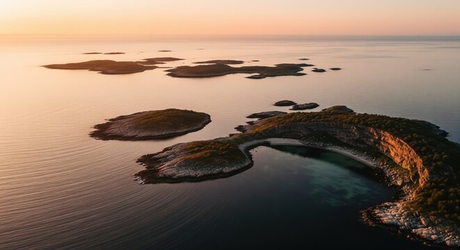 Norwegian coastline drone sunset aerial view