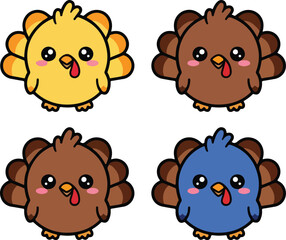 Cute Cartoon Baby Turkey Vector Set for Thanksgiving