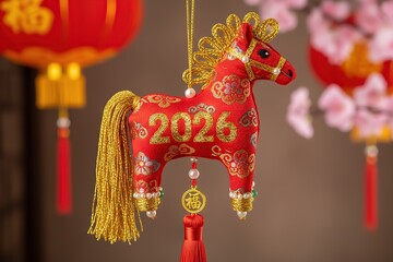 Red stitched horse ornament with golden "2026" on it. A charming and festive representation of the Chinese Year of the Horse with handmade, cultural appeal.