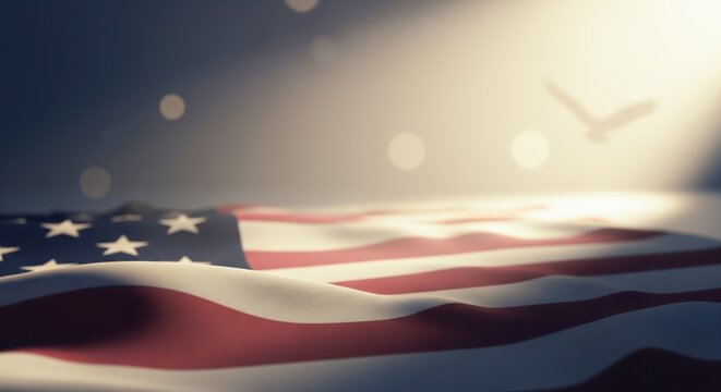 Serene veterans day cinematic tribute: flag texture, warm light