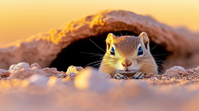 A chipmunk peeks out from its burrow in a desert landscape, bathed in the warm light of sunset.
