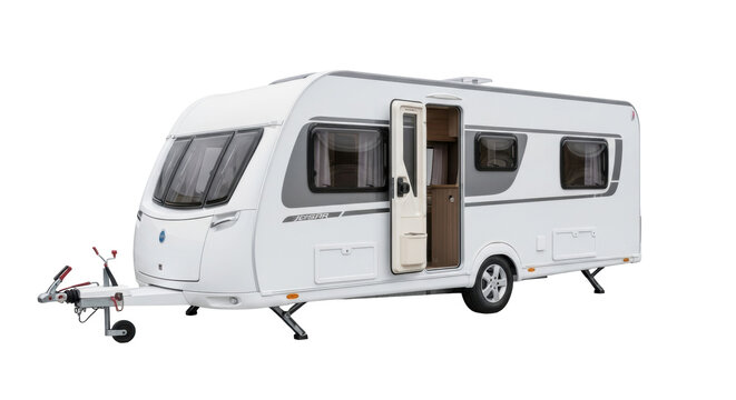 Pristine, modern white travel trailer caravan with an inviting ajar entrance door and soft light curtains, against a seamless transparent studio background. Concept for nomadic lifestyle and freedom