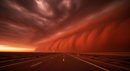Red apocalyptic storm cloud over desert highway at sunset