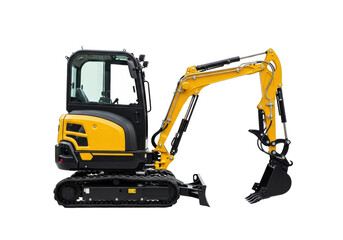 A clean, bright yellow mini excavator, black tracks, silver arm, side profile on seamless transparent background with copy space, soft studio light, modern efficiency concept.