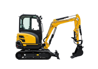A clean, bright yellow mini excavator, black tracks, silver arm, side profile on seamless transparent background with copy space, soft studio light, modern efficiency concept.
