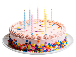 Pink birthday cake with lit candles and colorful sprinkles birthday cake, pink cake, lit candles, colorful sprinkles, celebration, party, dessert, sweet, food, confectionery, baked goods, frosting, ic