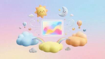 Cute 3D illustration of a dreamy sky with sun, moon, clouds, and rainbows