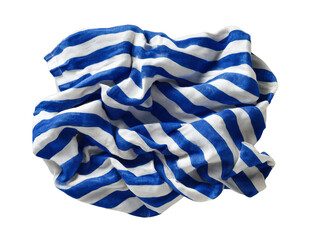 Crumpled blue and white striped fabric cloth, wrinkled textile background, laundry and cleaning concept, isolated on white background