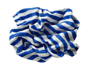 Crumpled blue and white striped fabric cloth, wrinkled textile background, laundry and cleaning concept, isolated on white background