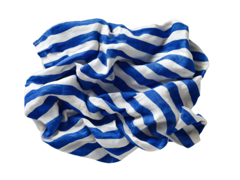Crumpled blue and white striped fabric cloth, wrinkled textile background, laundry and cleaning concept, isolated on white background