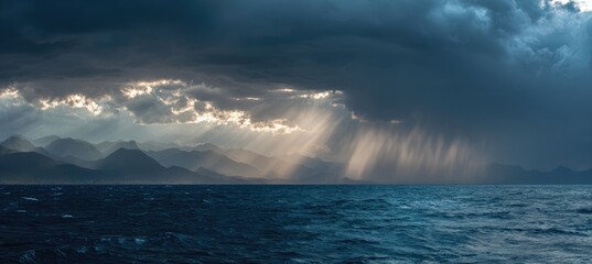 Dramatic sunlight piercing through a stormy sky over a mountain range and ocean