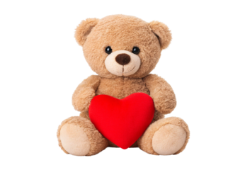 Plush teddy bear holding red heart cushion with sweet smiling face, isolated on a transparent background