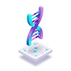 Futuristic DNA strand on a digital platform, technology concept.