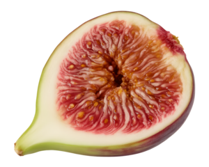 Close up of a fresh ripe fig cut in half showing the detailed red and pink interior pulp isolated on transparent background