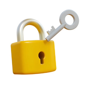 3d minimal data security system. private data accessing. unlocked padlock with key. 3d illustration.
