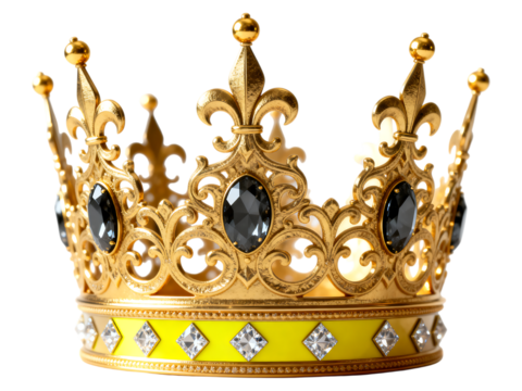 Ornate gold crown with black and clear gemstones regal crown, gold, ornate, regal, royal, king, queen, monarchy, royalty, jewel, gemstone, black gemstone, clear gemstone, diamond, luxury, treasure, we